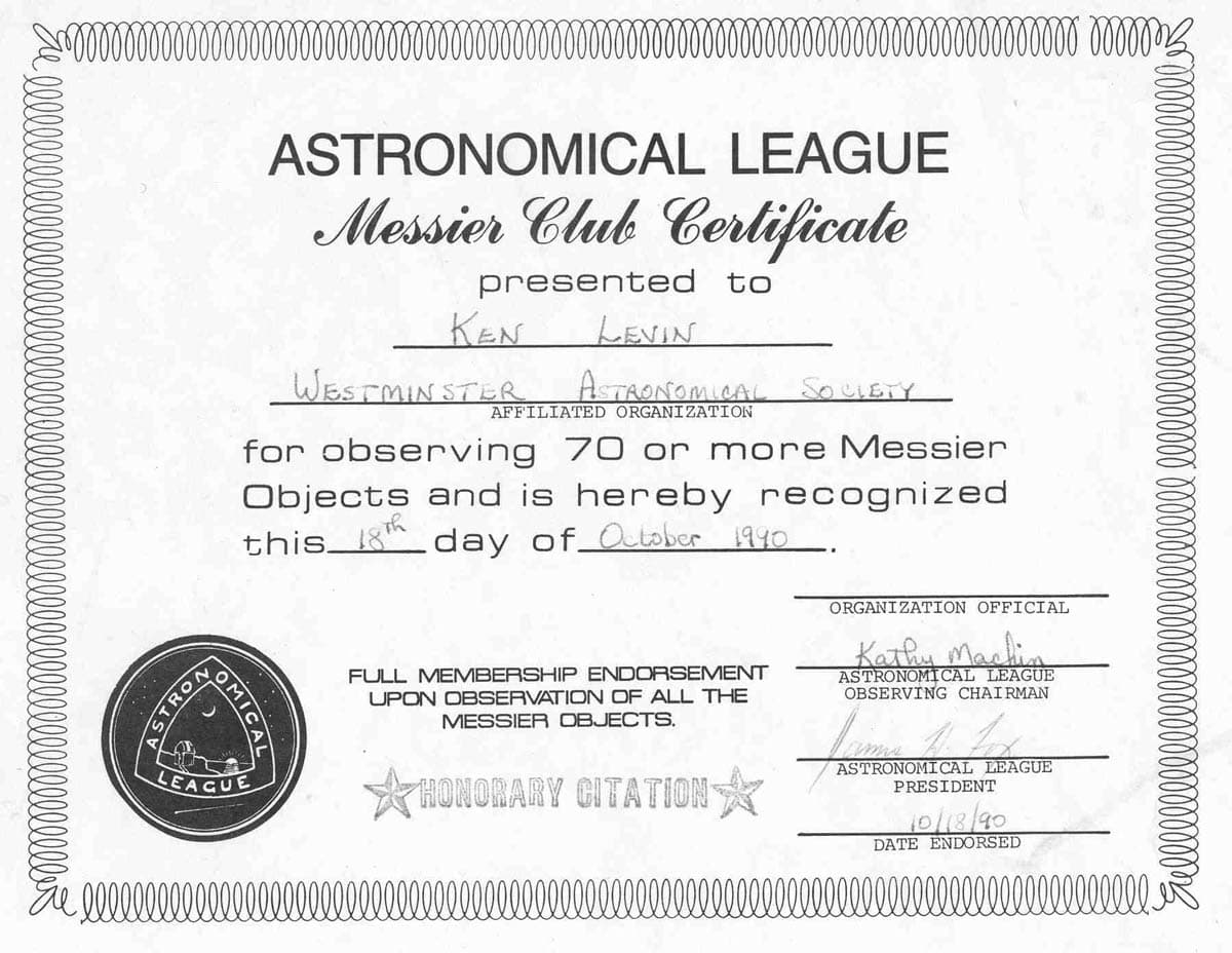 Messier Club certificate, 1990